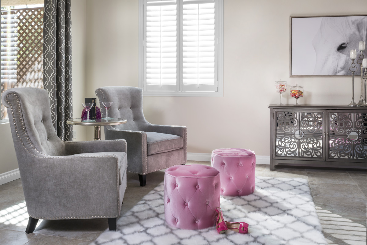 Bluff City pink living room with shutters
